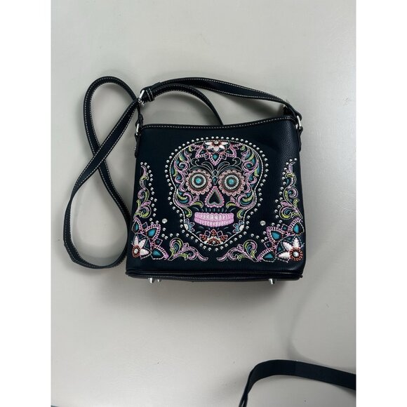 Montana West Sugar Skull Collection Black Conceal Carry Crossbody Embroidered - Picture 5 of 15
